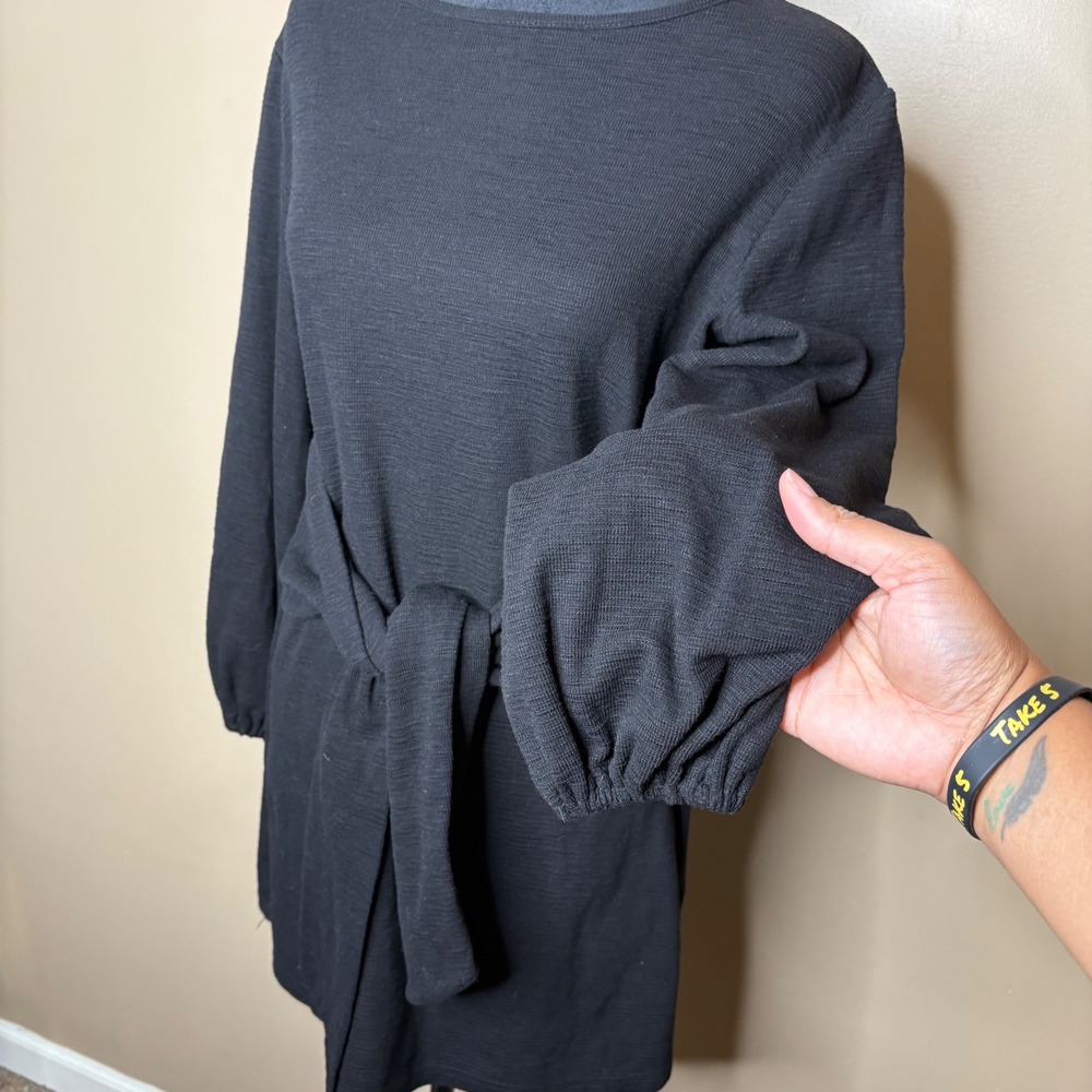 R Vivimos Black Textured Tie Waist Long Sleeve Mini Dress Women Size L 12 14 - Picture 3 of 7